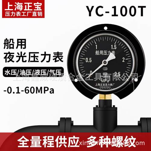 YC100T 船用压力表0-1MPa径向带后边黑底版 船用压力真空表负压表