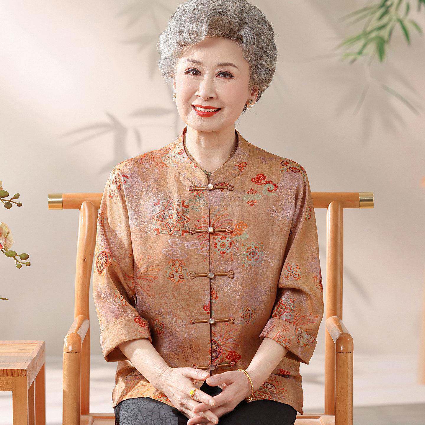 民族风中老年人衬衫女开衫夏装桑蚕丝100%套装大尺码奶奶真丝上衣