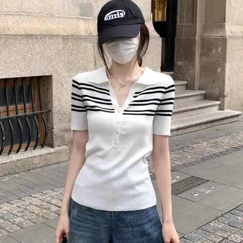 夏季polo衫短袖t恤女2026新款初穿搭条纹针织短袖上衣高级感0520z