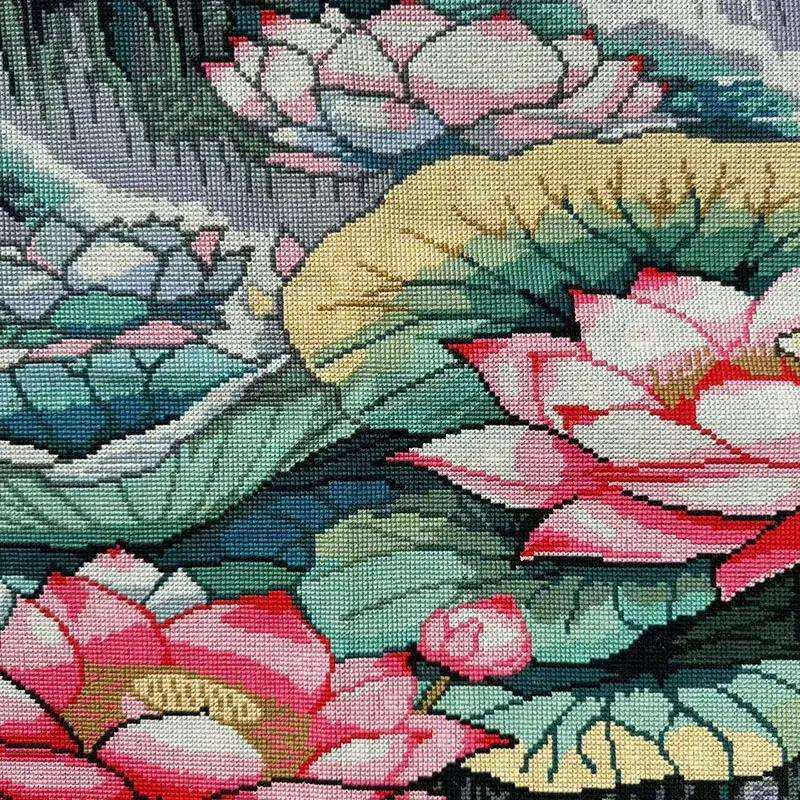 绣好的纯手工十字绣成品芙蓉并蒂荷花水墨风格客厅挂画不带框