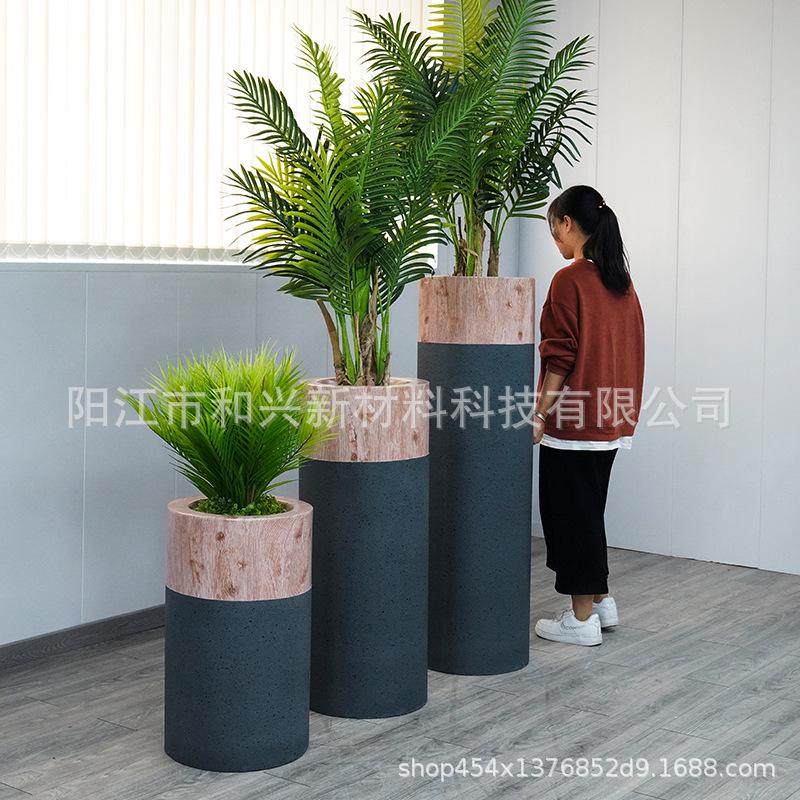厂家木纹圆柱造型花瓶室内水泥盆栽大号玻璃钢花盆落地摆件定制