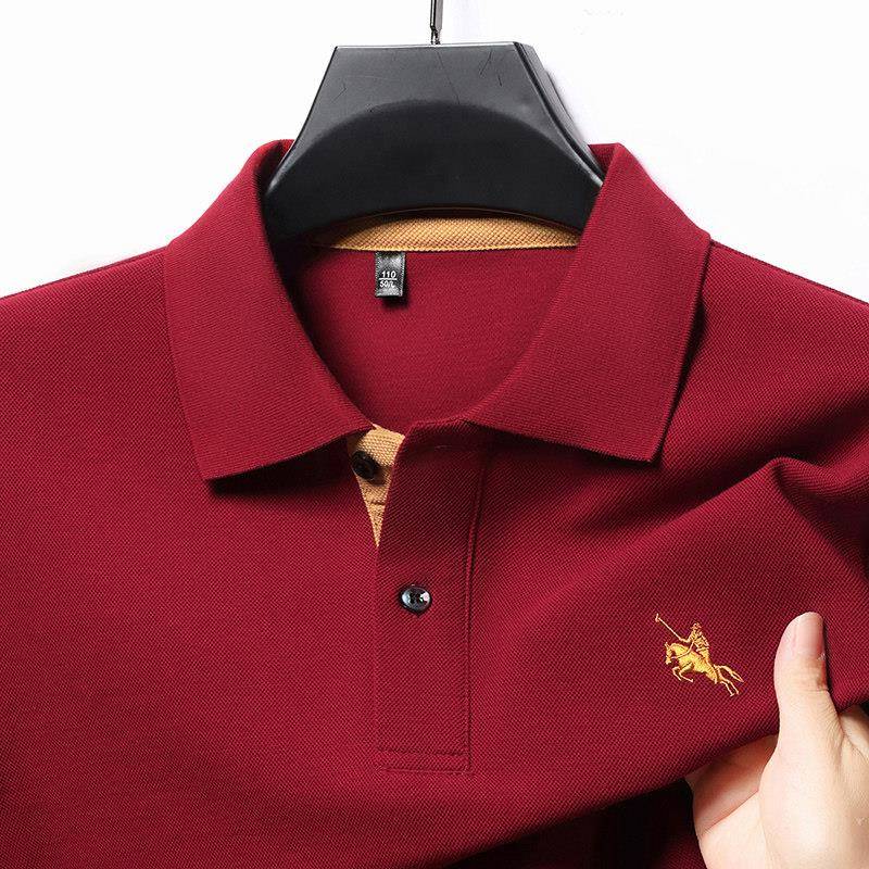 长袖t恤男本命年红色上衣服中年中老年翻领打底衫春秋纯棉体恤衫