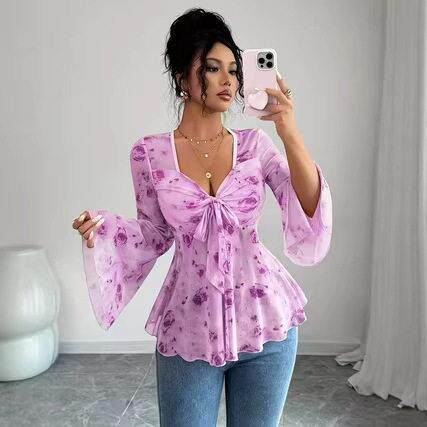 New Womens Floral Print Mesh Transparent Bell Sleeve Front