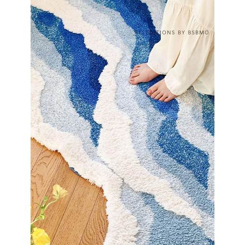 裸脚感！加厚浮雕立体植绒卧室地毯床边毯高级感蓝色儿童海浪地垫