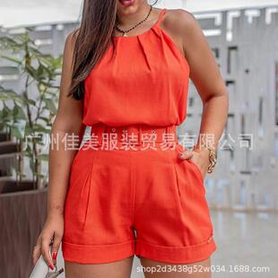 Color Green Fitted Summer Dress Shorts with Belt for Women C