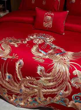 件龙凤刺婚房布置绣红色四套长100支绒棉刺绣新中QOB式陪嫁高端婚