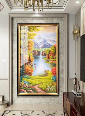 流水生财山水风景画美式玄关装饰画入户走廊过道壁画手绘油画挂画