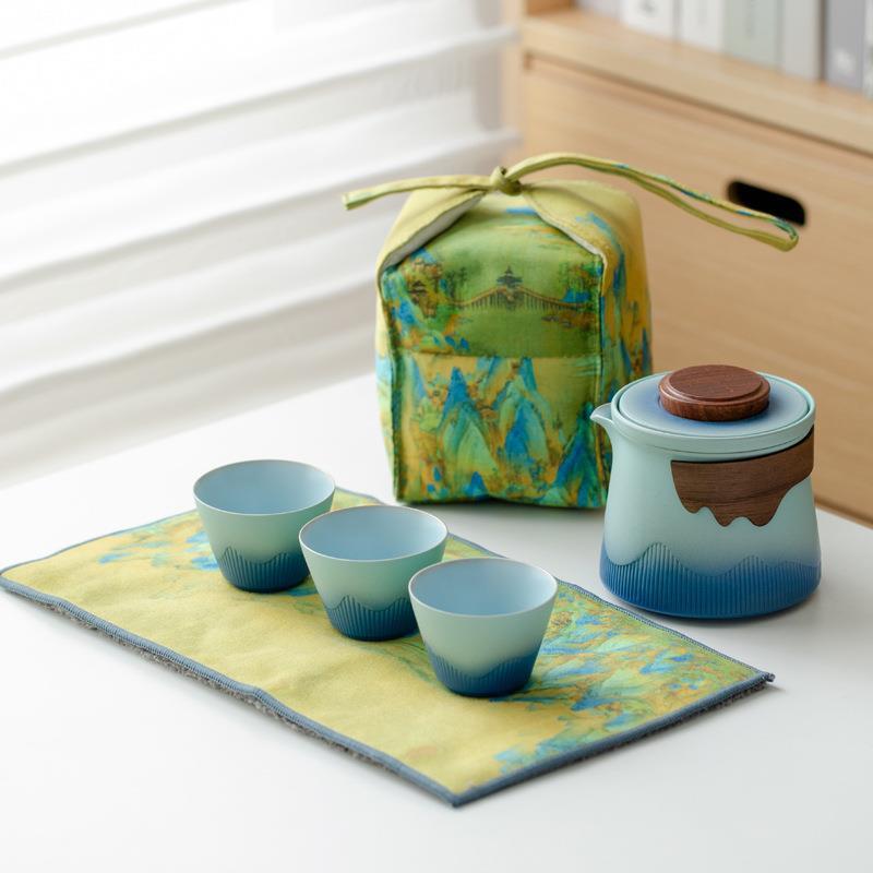 粗陶渐变旅行茶具套装国潮创意一壶三杯快客杯便携玻璃泡茶壶送礼