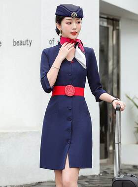 高端东航空姐制服新款时尚航空职业连衣裙女长袖空乘珠宝店工作服