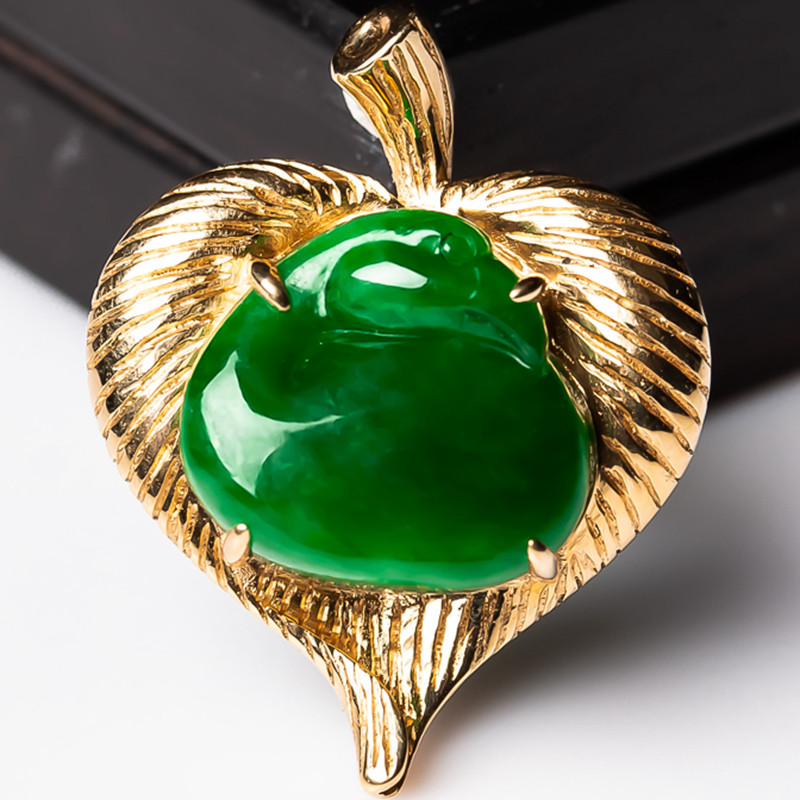 缅甸A货18K黄金天鹅吊坠天然玉石正品桃心翡翠爱心挂件心形5.12克