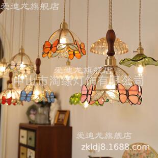 法式 吊灯复745古黄铜手工焊锡彩色玻璃小灯温吊馨红床头灯粉色蝴