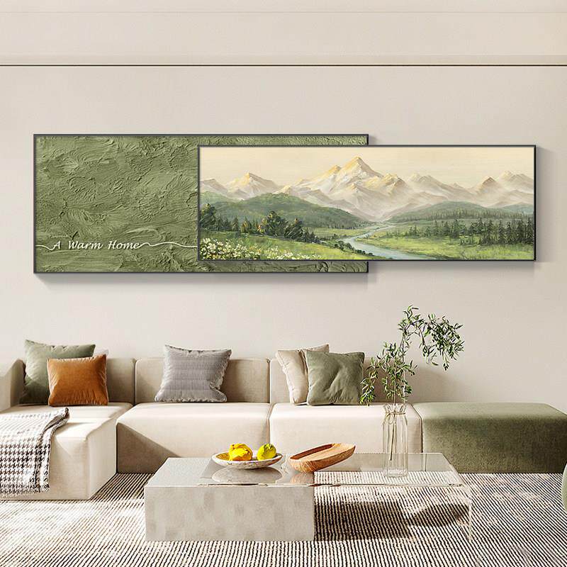 日照金山沙发背景墙装饰画 画绿色系挂画 画现代简约聚财山水客厅