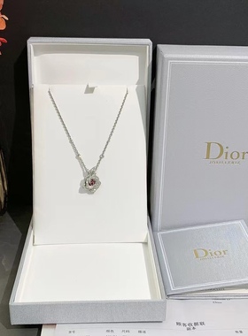 99新Dior/迪奥rose bagatelle玫瑰花红宝石满钻白金项链中号女款