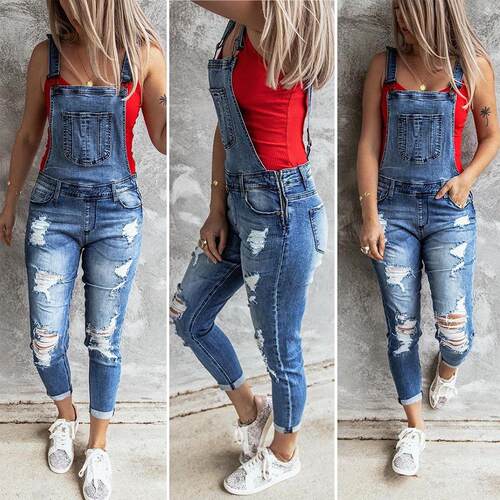 Women's perforated elastic jeans, women's suspenders,