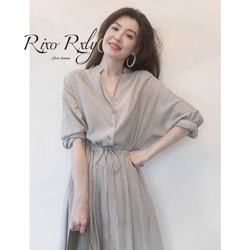 RIXO RXLY夏季法式茶歇长裙覆古温柔裙设计感小众棉麻衬衫洋装