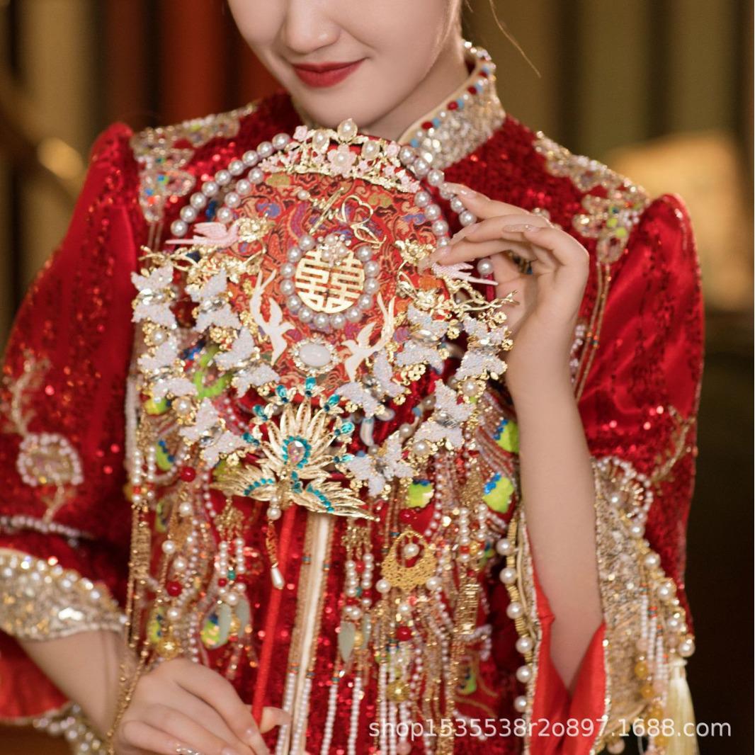 成品蕾丝服成品秀红色禾遮面中式金色新娘喜双面9058结婚新团扇扇