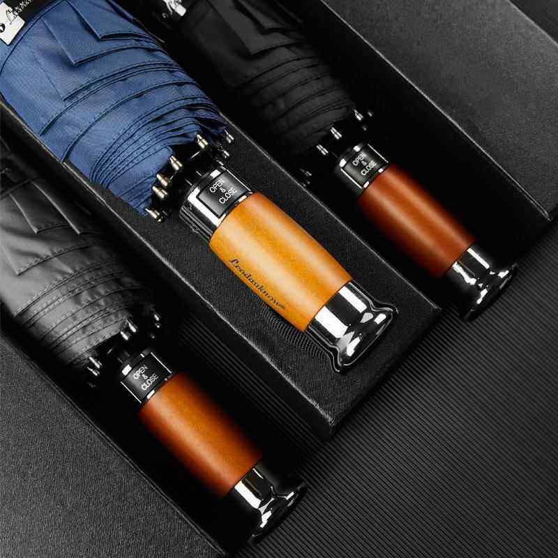 德国礼盒装商务全自动雨伞男折叠一键开 合覆古木柄大号双人自动