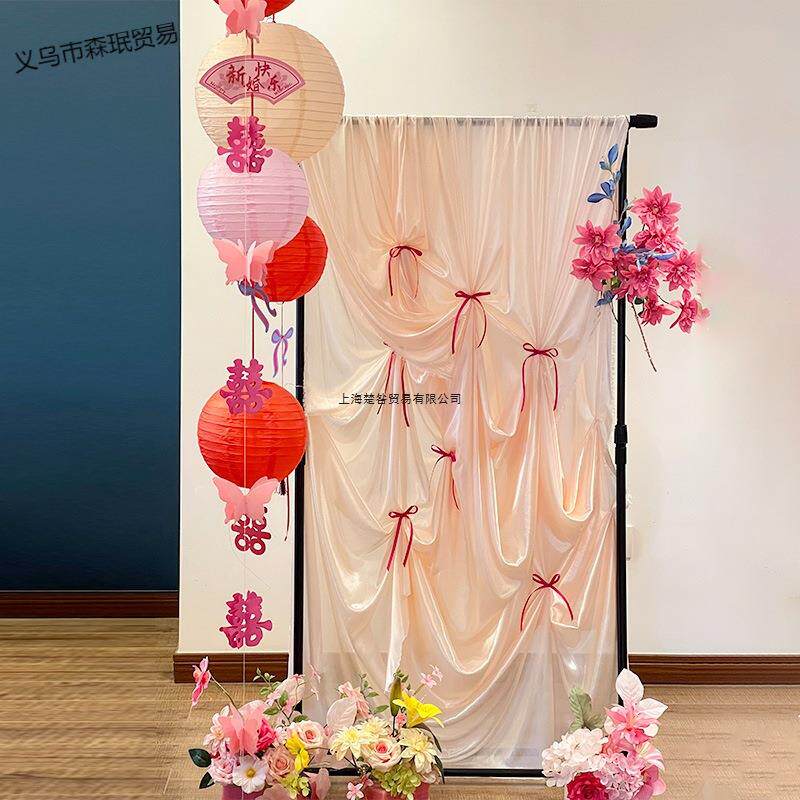 韩式多巴胺蝴蝶结布幔婚房婚礼婚庆晨袍拍照背景装饰布置订婚布幔
