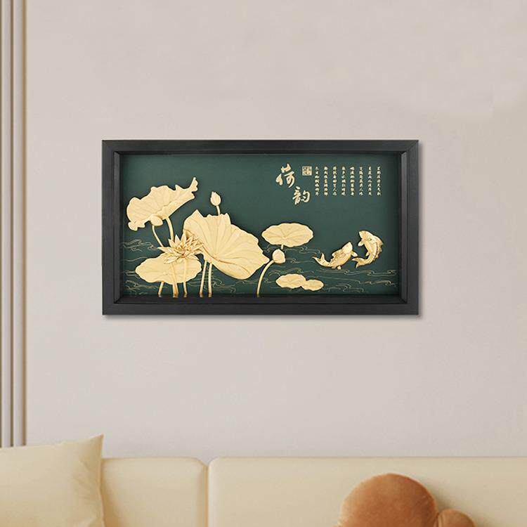 新中式莲韵挂画莲年有余金箔画玄关沙发背景客厅装饰画莲花装饰画