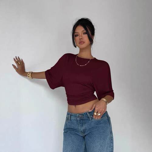 Women'S Summer Casual Solid Color Batwing Sleeve Cropped