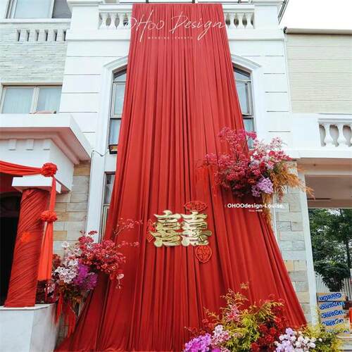婚礼婚庆订婚红色牛奶丝布幔舞台打底背景装饰帷幔云端纱幔道具