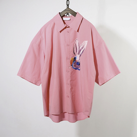 牧木男装夏季设计师潮牌宽松粉红色，短袖衬衫男纯棉半袖衬衣潮