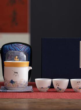 正品唐社中行式脂玉便携式旅茶具快杯羊一壶三瓷杯户外家居