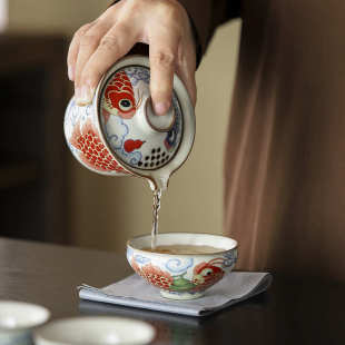国潮风龙鱼旅行茶具中式 复古祥龙纳福快客杯便携式 户外茶具套装