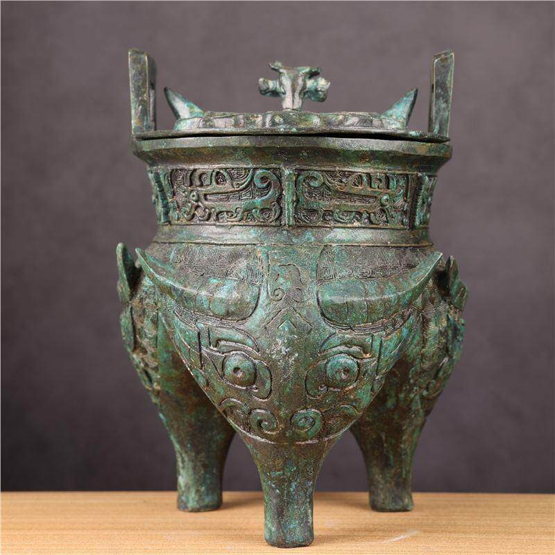 古青铜器伯矩鬲鼎鬲三足兽面牛头纹带盖礼器装饰工艺品摆件