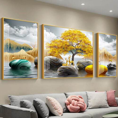 轻奢客厅装饰画 画现代简约沙发背景墙挂画 画大气晶瓷画 画三联