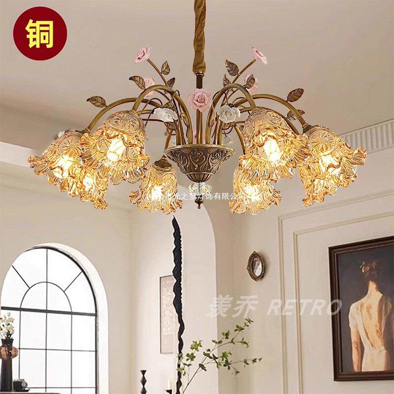 2026新款法式田园自然风客厅吊灯复古浪漫陶瓷花餐厅卧室全铜主灯