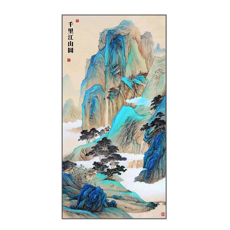 入户门玄关挂画千里江山图山水画古风国画竖版新中式客厅装饰壁画