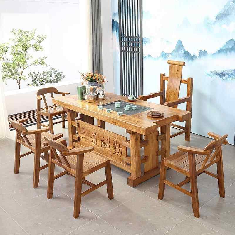 电老榆木茶桌桌中式大板桌家用书桌桌脑EZJ实木餐长桌办公室泡茶