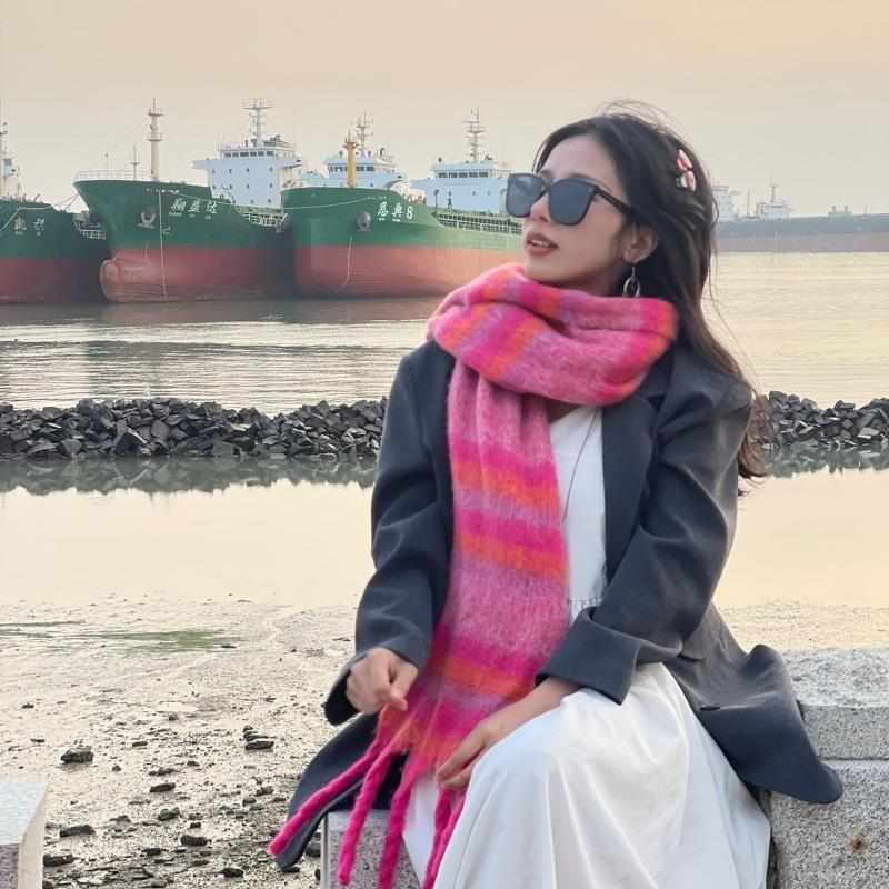 围巾冬季女韩系高级感加厚条纹马海毛围巾女秋冬保暖学生情侣围脖