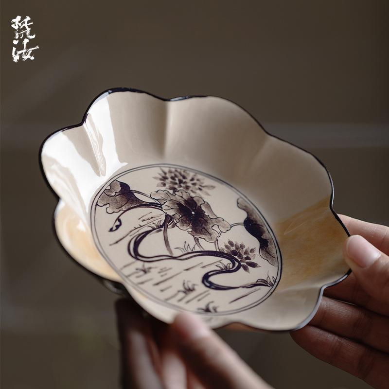 梵汝纯手绘菏泽海浪壶承干泡盘茶承茶艺陶瓷茶具配件花边口茶点盘