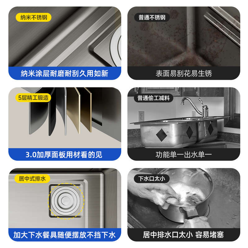 厨房洗菜盆大单槽304不锈钢水槽台下洗碗槽家用多功能洗菜池水池