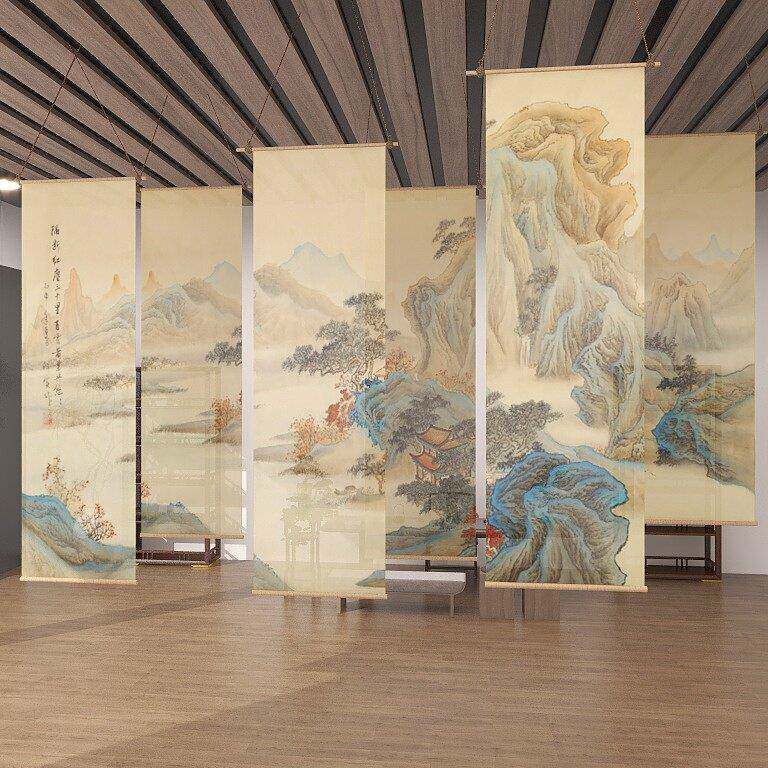 新中国风中国画卷帘茶室宋代美学原木麻绳挂软破装饰屏风遮光窗帘