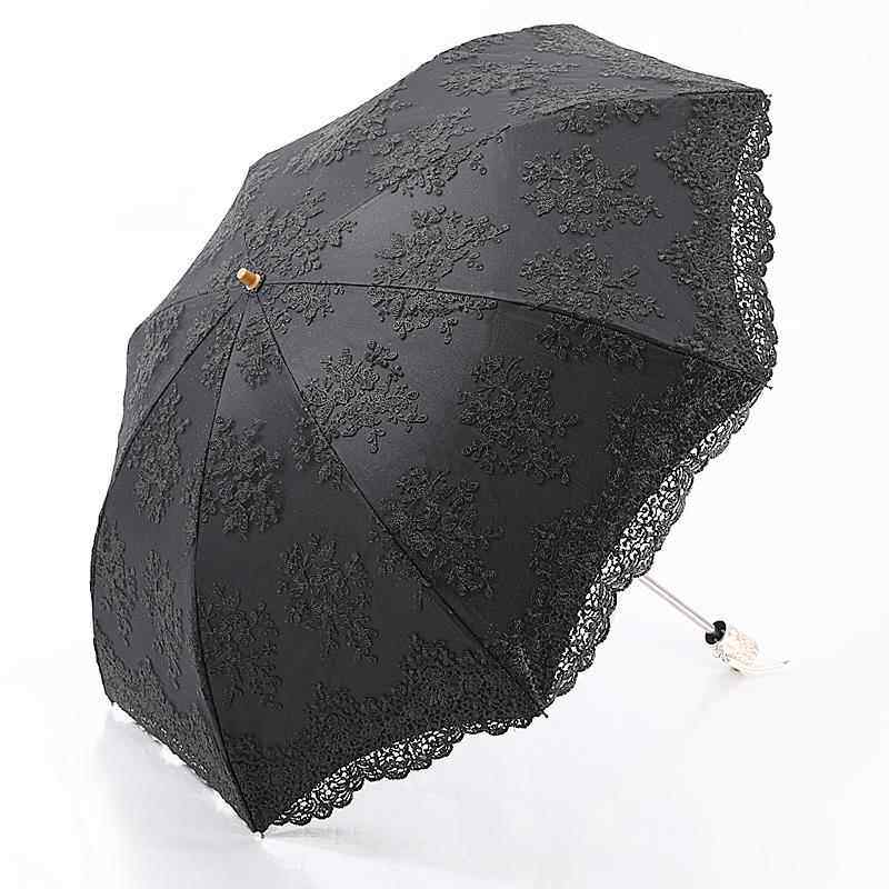 正品新款公主刺绣遮阳伞蕾伞丝花边防晒二抗V女黑胶折U遮阳晴雨伞