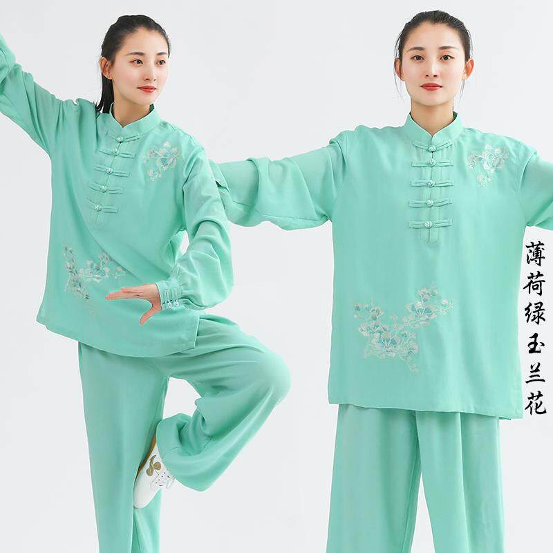 正品春秋棉麻夏长袖绣麻花中花老年武中式太极习套装