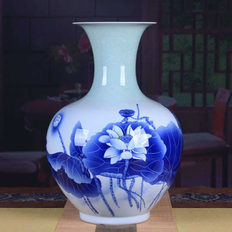 景德镇陶瓷器落地大花瓶摆件大号插花中式家居装饰品手绘山水瓷瓶