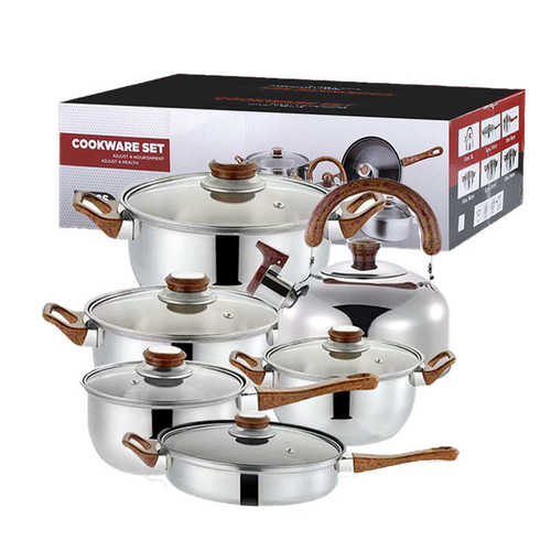 套锅不锈钢汤锅煎盘套装锅12/18PCS炊具套装锅Metal Pot Set