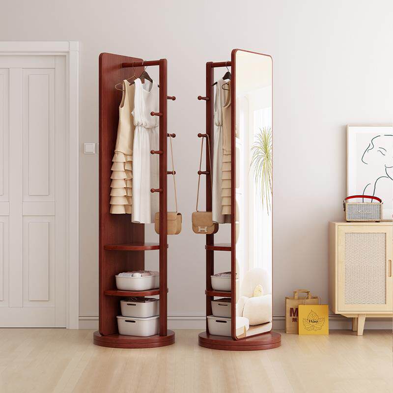 实木全身镜落地镜家用可移动旋转卧室试衣镜子带挂衣架一体穿衣镜