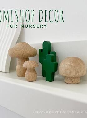 北欧同步儿童家居装饰实木榉木蘑菇仙人掌组合桌面装饰摆件