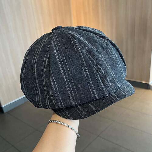 保暖帽子复古条纹八角贝雷帽女春秋季街头英伦风画家帽显脸1008e