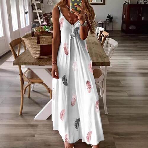 Sleeveless feather print low cut collar suspender long