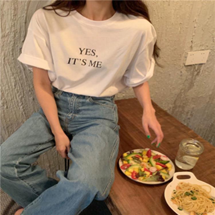 一件女装2021夏季字母印花新款上衣修身显瘦短袖t恤宽松圆领