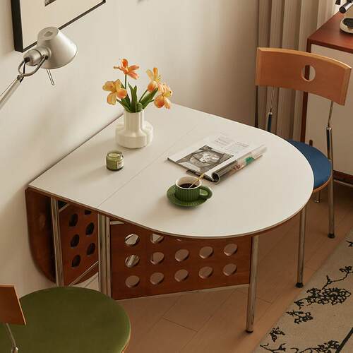 野生君丨法式可折叠椭圆岩板餐桌中古风设计师家用小户型伸缩饭桌