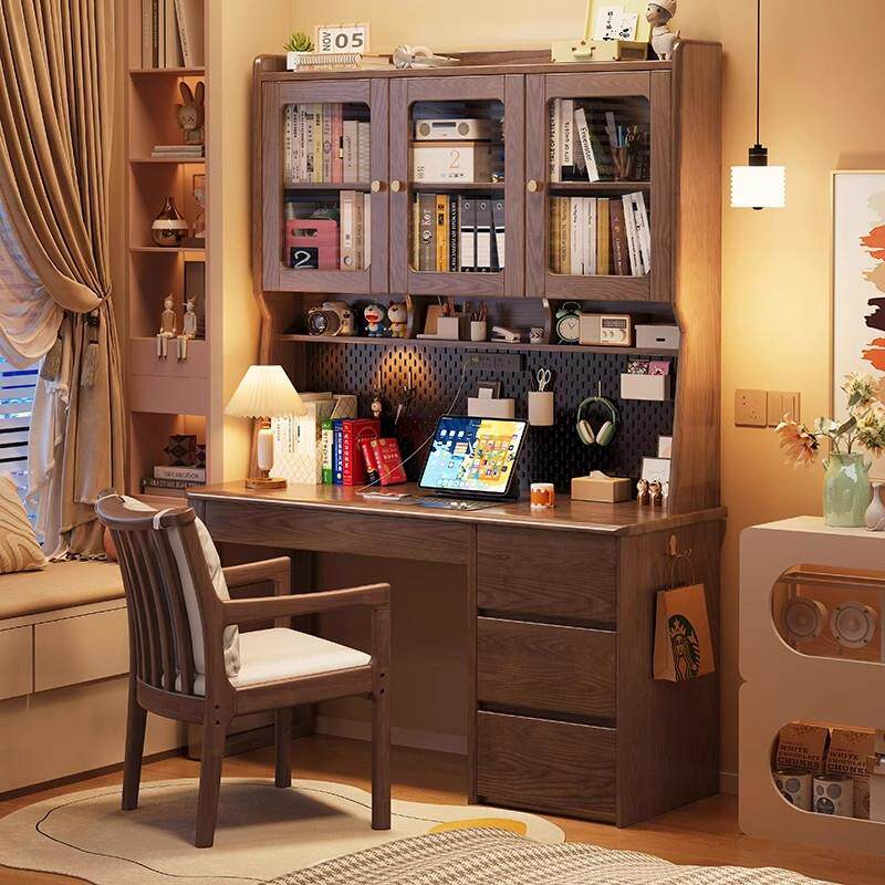实木书桌书架一体儿童学习桌家用课桌带书柜简约电脑桌学生书桌