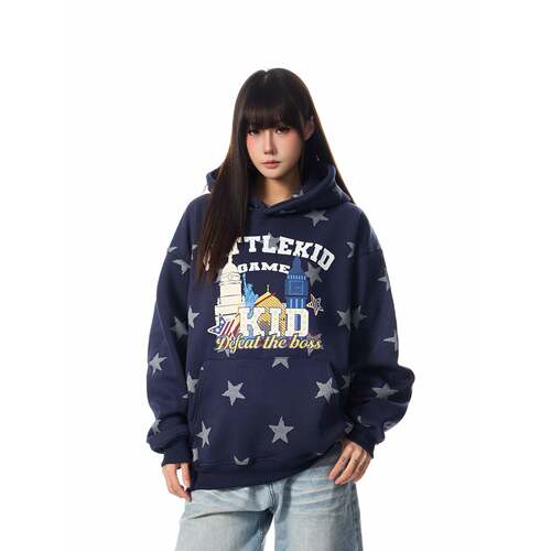 SREK新款美式复古帽衫星星字母连帽卫衣男女街头宽松百搭休闲上衣