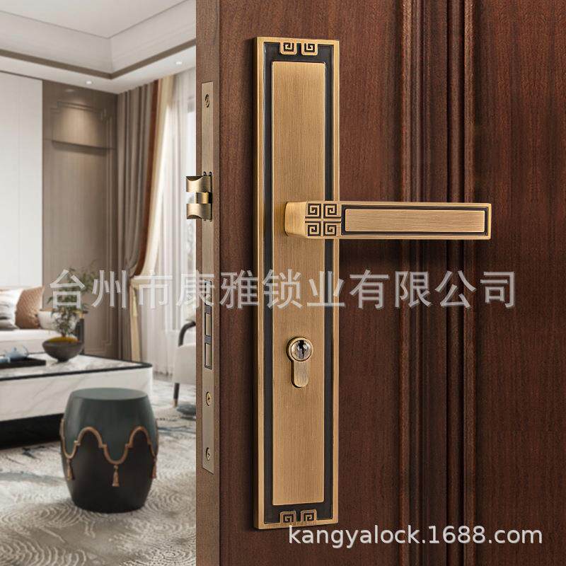 黄铜新中式室内磁吸静音门锁卧室房门锁复古家用双开门木门锁锁具